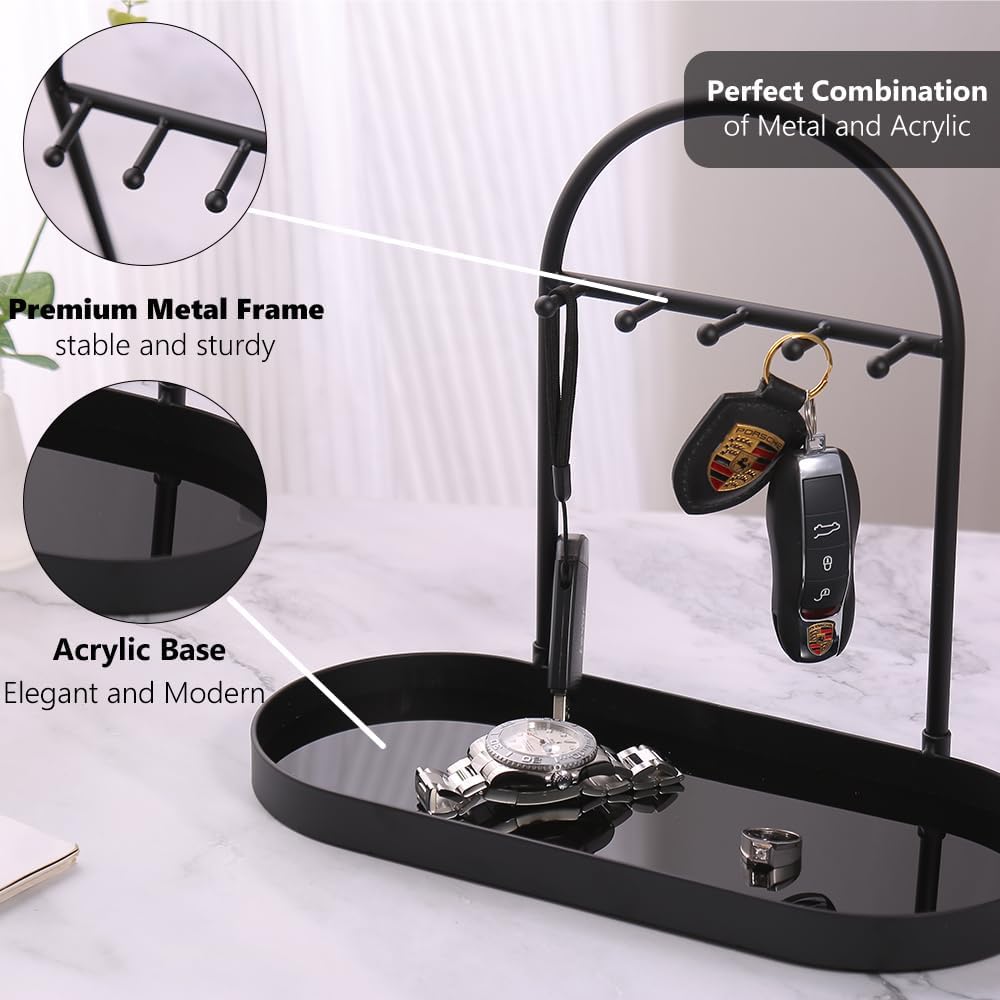 Metal Jewelry & Key Organizer Stand with Acrylic Base – 5-Hook Valet Tray for Keys, Rings, and Jewelry (Matte Black)