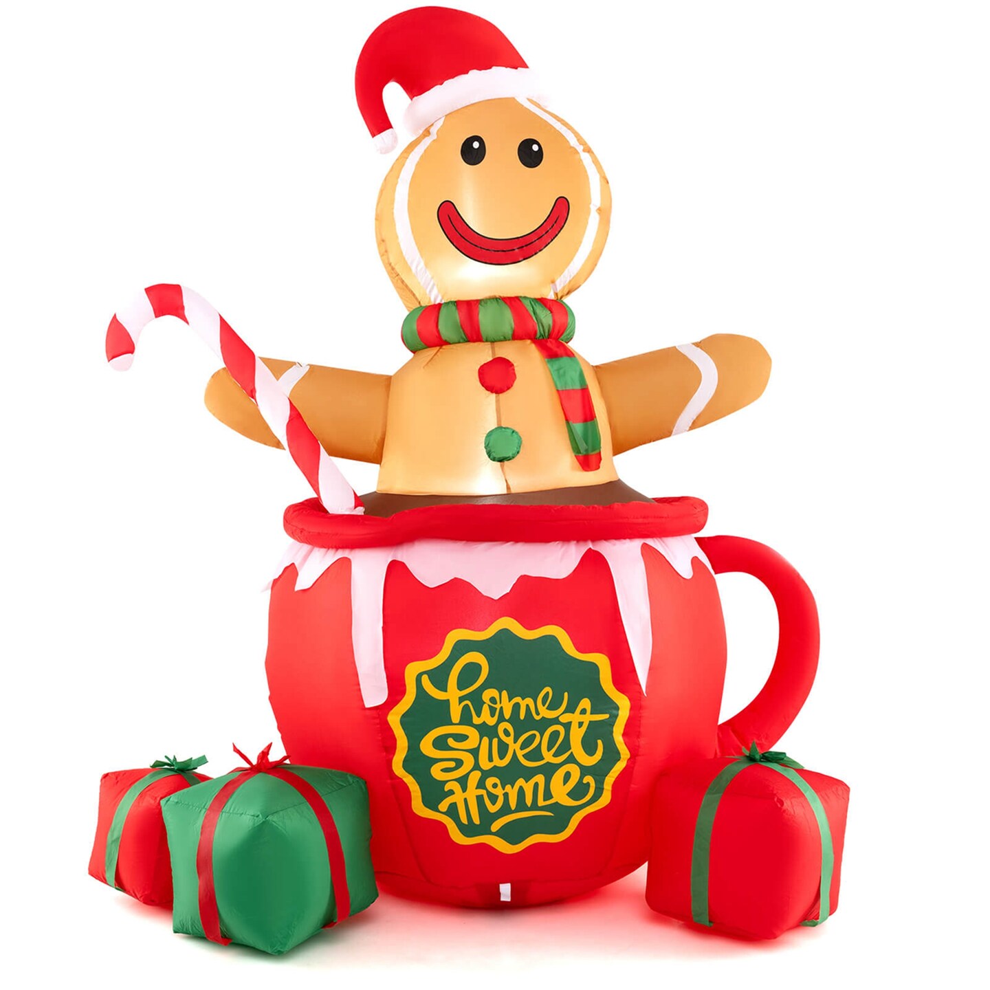 Costway 7 FT Christmas Inflatable Blow up Pre-Lit Gingerbread Man in Mug with Gift Boxes