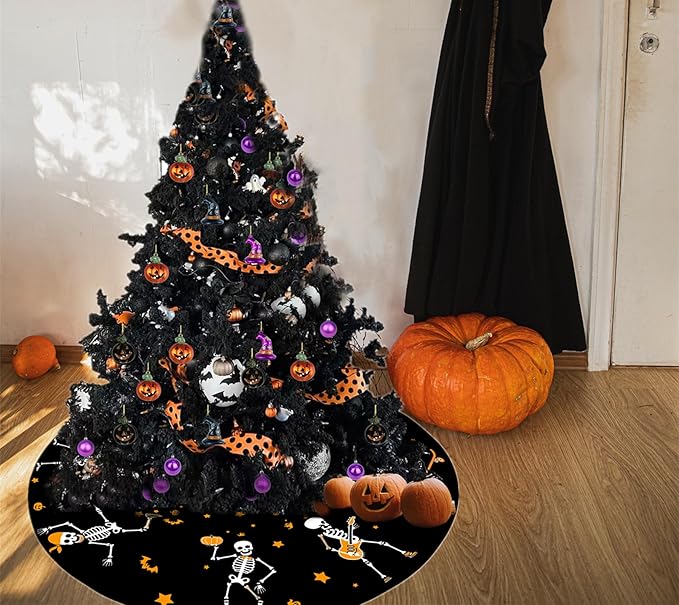 36&#x22; Halloween Tree Skeleton Skirt, Halloween Funny Skulls Pumpkin Black Orange Tree Skirts Mat Decorations, Festival Home Decor Indoor for Fall Farmhouse Party Supplies