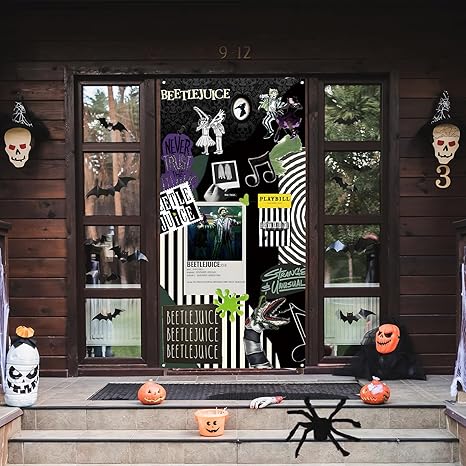 Scary Creepy Halloween Door Cover Classic Movie Role Beetlejuice Photo Backdrop Horror Party Decorations and Supplies for Home