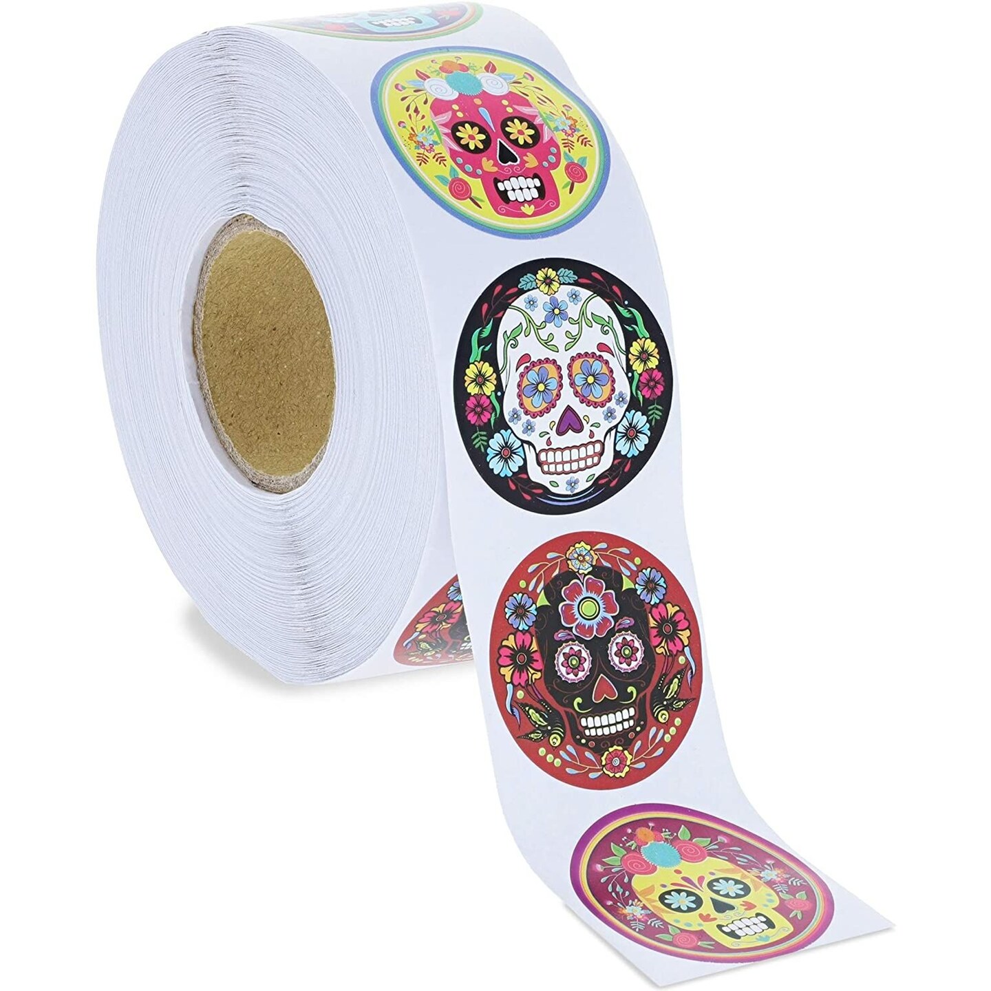Juvale 1000 Pcs Dia de Los Muertos Skull Sticker Roll, 8 Vibrant Calavera Designs, 1.5 In, Dia de Muertos Stickers for Halloween Candy Bags, Party Favors, Decorations, Day of the Dead Decor