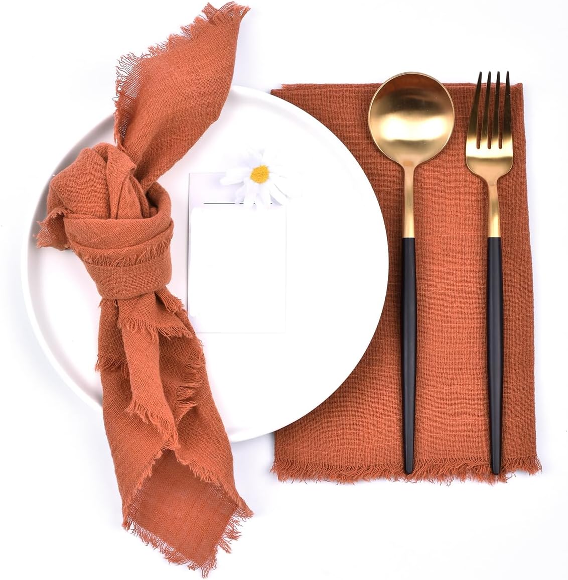 Terracotta 6 Pack Handmade Cloth Napkins Cotton Linen Easter Spring Napkins with Fringe Rustic Bulk Dinner Napkins