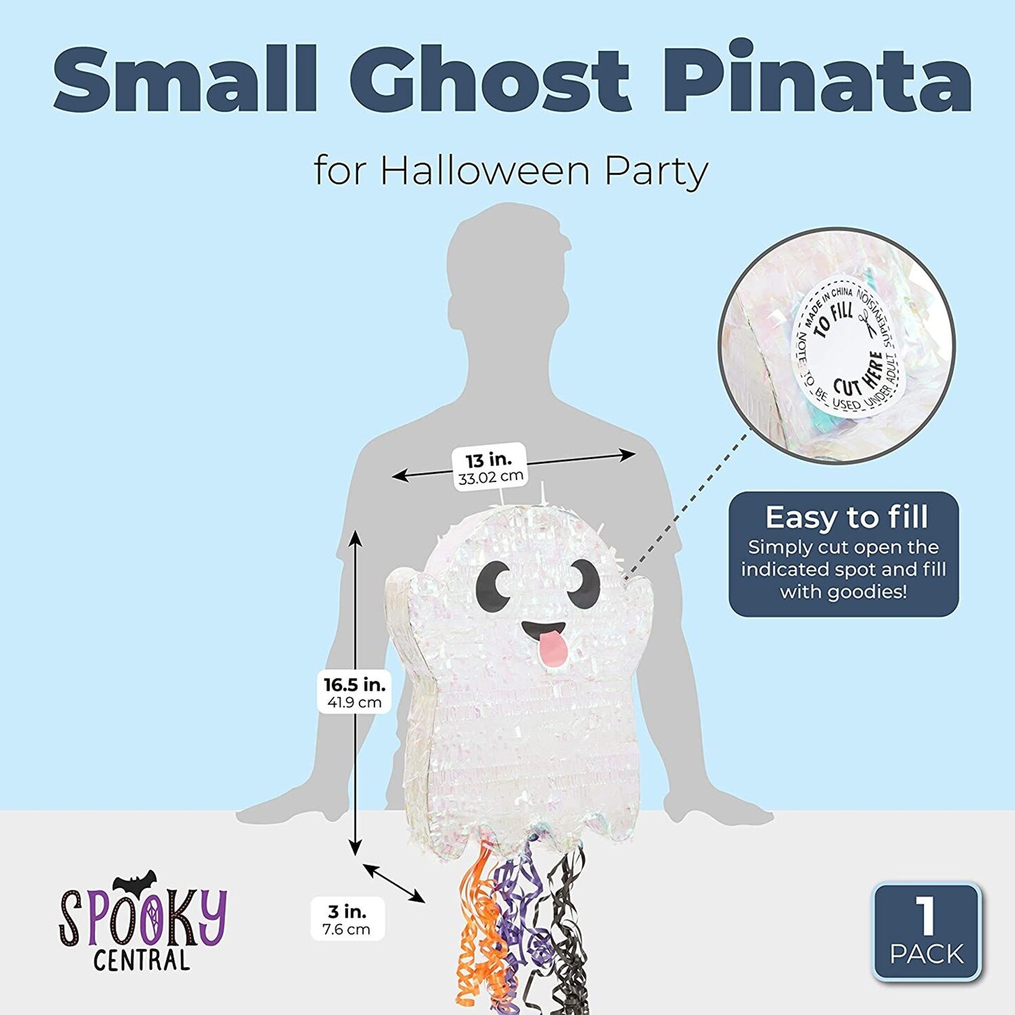 Cute Ghost Pinata for Halloween Party Supplies Decorations, Iridescent Pull String (17 x 13 x 3 in)