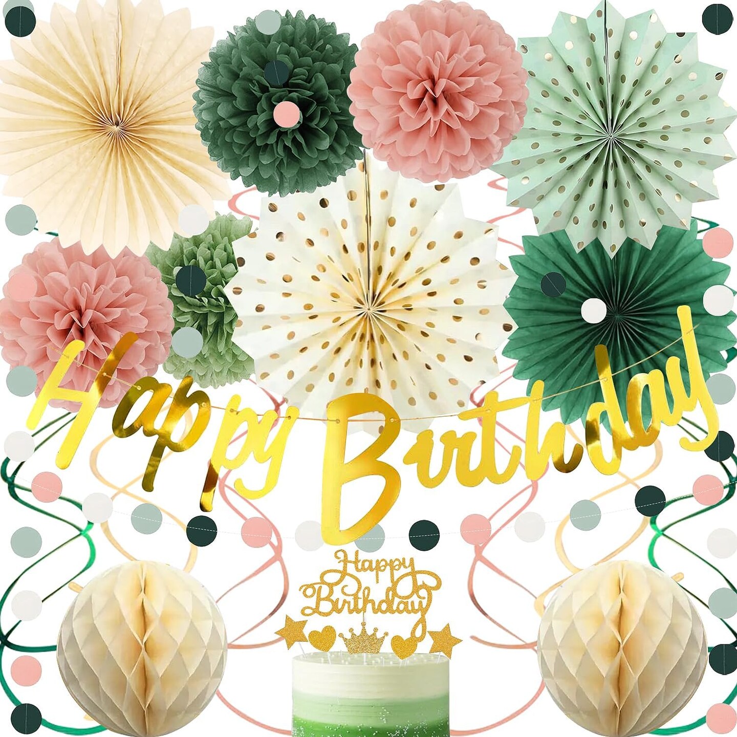 Sage Green & Pink Gold Birthday Party Decoration Kit – Banner, Garland, Pom-Poms & More