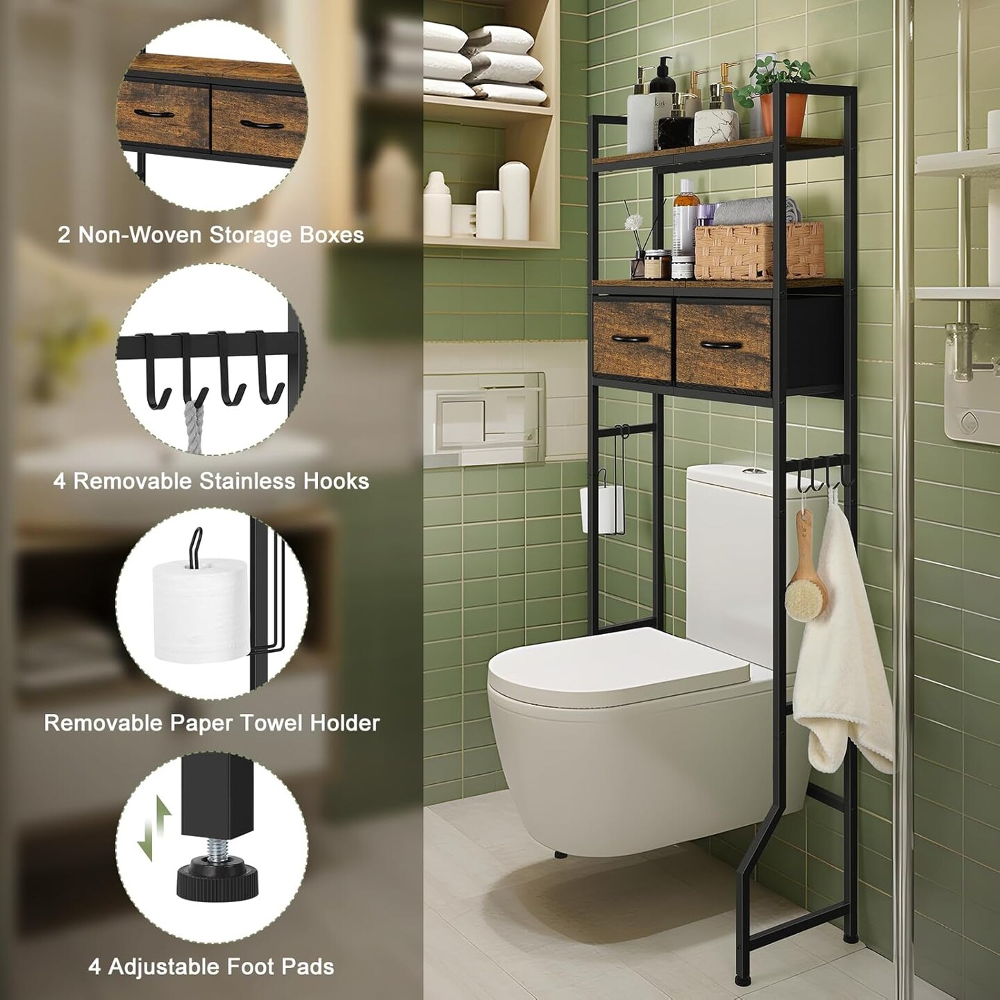 Rustic Brown Over-The-Toilet Storage Cabinet with Fabric Drawers &#x2013; Bathroom Organizer with Toilet Paper Holder, Hooks &#x26; Adjustable Shelves for Laundry, Bedroom, or Kitchen