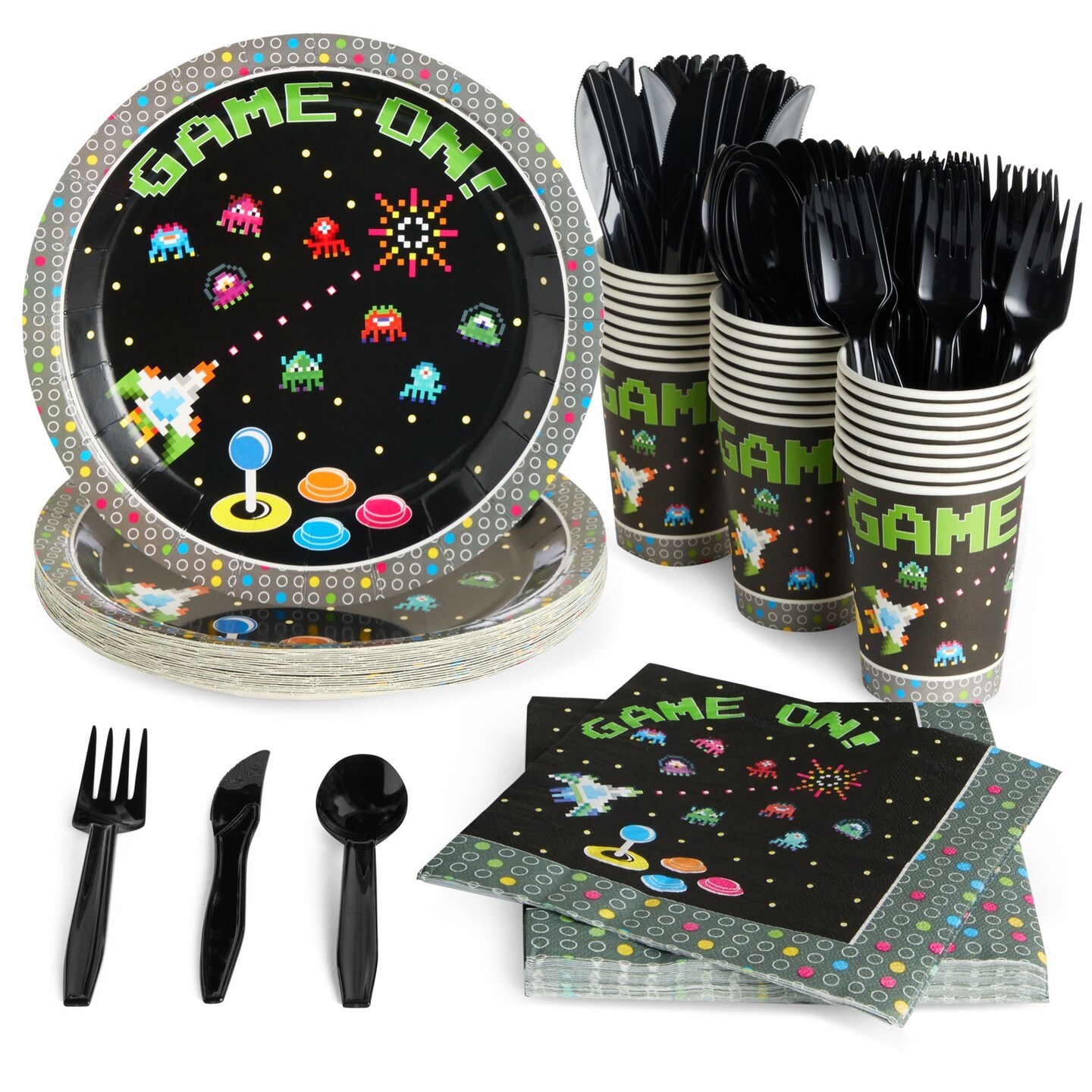 144-Piece Retro Video Game Party Supplies - Includes Plates, Napkins, Cups, and Cutlery for Arcade Birthday Party Decorations (Serves 24)