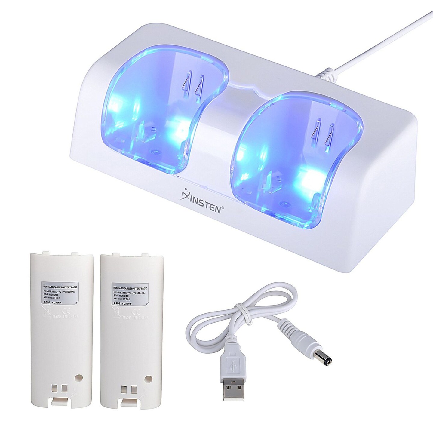 For Nintendo Wii Controller &#x26; Wii U Remote - Dual Charger Charging Dock with 2x Rechargeable 2800 mAh Battery, White