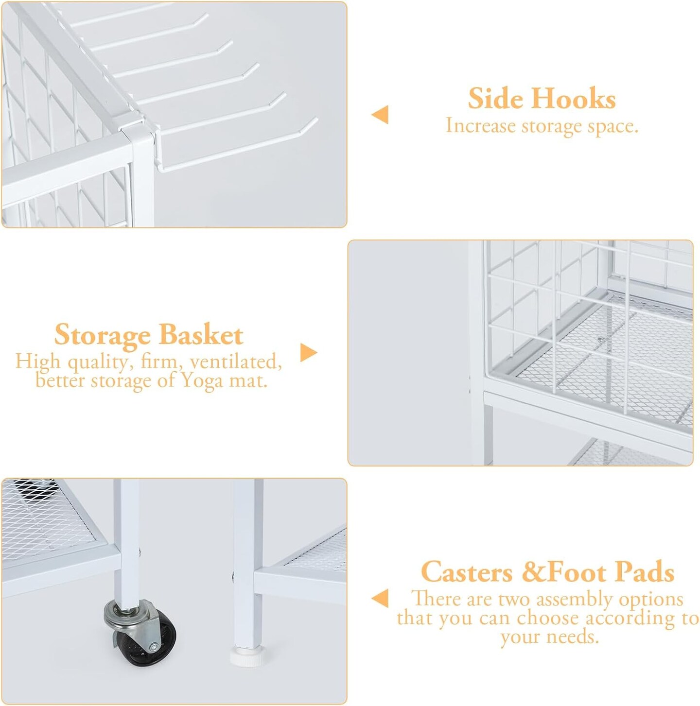 Modern Home Gym Weight White Rack with Wheels &#x26; Storage Hooks &#x2013; 3-Tier Organizer for Dumbbells, Resistance Bands, Yoga Mat, and Fitness Accessories