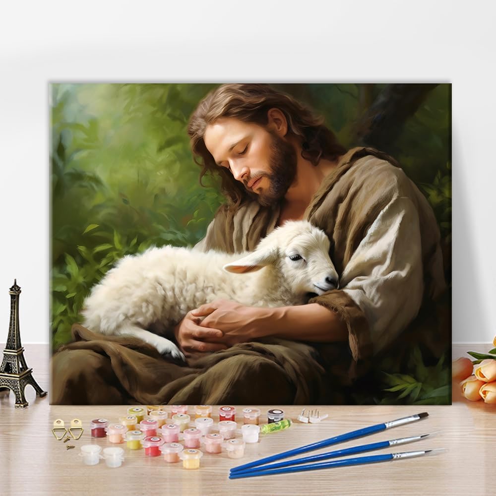Jesus Paint by Numbers Adult Paint by Number Jesus and Lamb Paint-by-Number Kits DIY Painting Kits On Canvas Religious Spirit Paint by Number for Adults Arts Craft, 16 x20 Inch