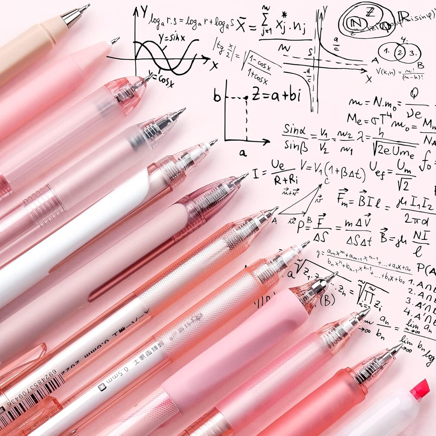 12Pack Pastel Gel Ink Pen Set, Cute Note Taking 0.5mm Fine Point Retractable 11 Pack Black Ink Pens with 1Pack Highlighter for Writing, School, Office (Pink)