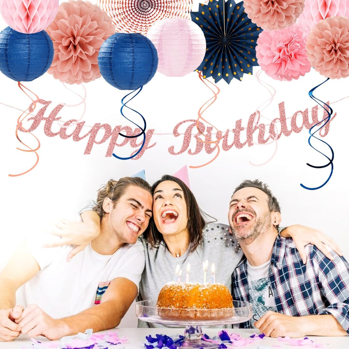 Pink Rose-Gold Navy-Blue Birthday Party-decorations - 21pcs Women Girl Happy Banner Garland, Paper Streamers Lanterns,Flower Tissue Pom Poms Fan Supplies, Princess Wall Backdrop Decor