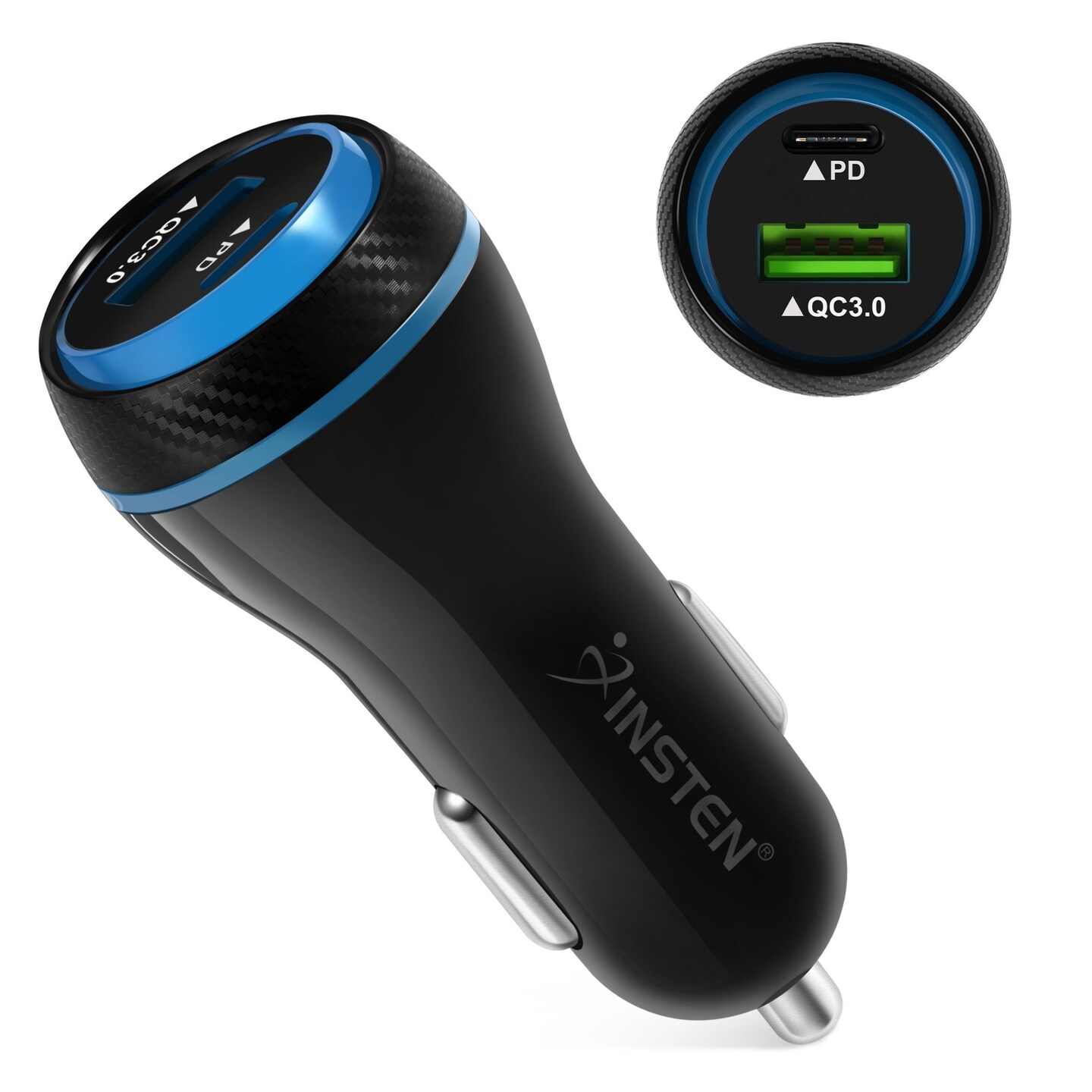 Phone Car Charger with Fast Charging, Compatible with USB C Power Delivery, 2 Ports, 36W (Black)