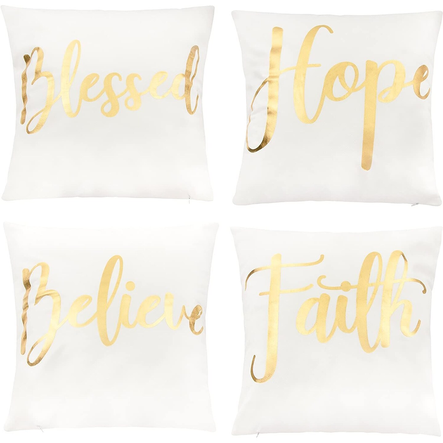 Juvale White Throw Pillow Covers, Blessed, Hope, Believe, and Faith (18 x 18 in, 4 Pack)