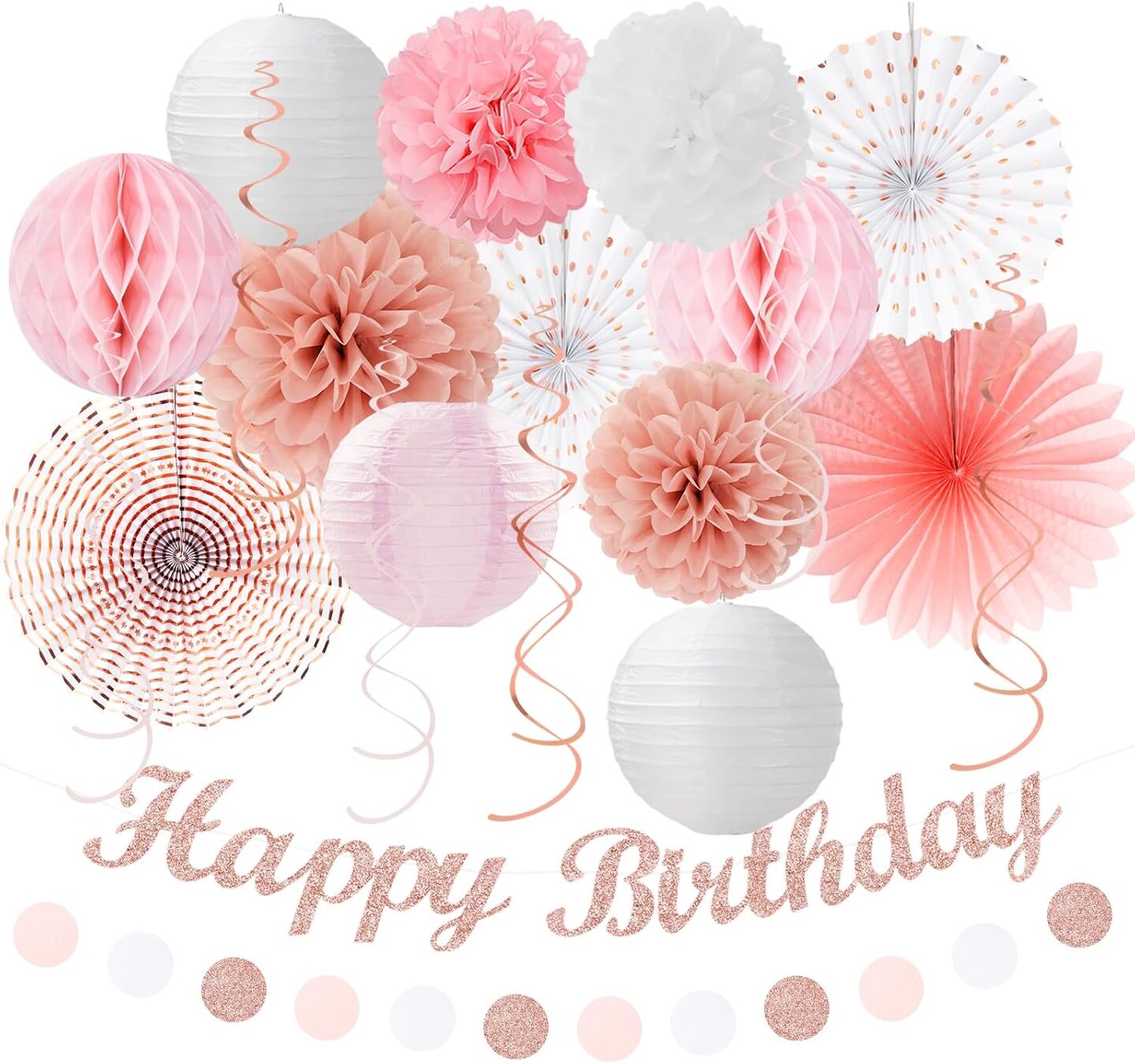 21-Piece Pink, White & Rose Gold Birthday Party Decoration Kit – Banner, Lanterns, Pom-Poms & Garland