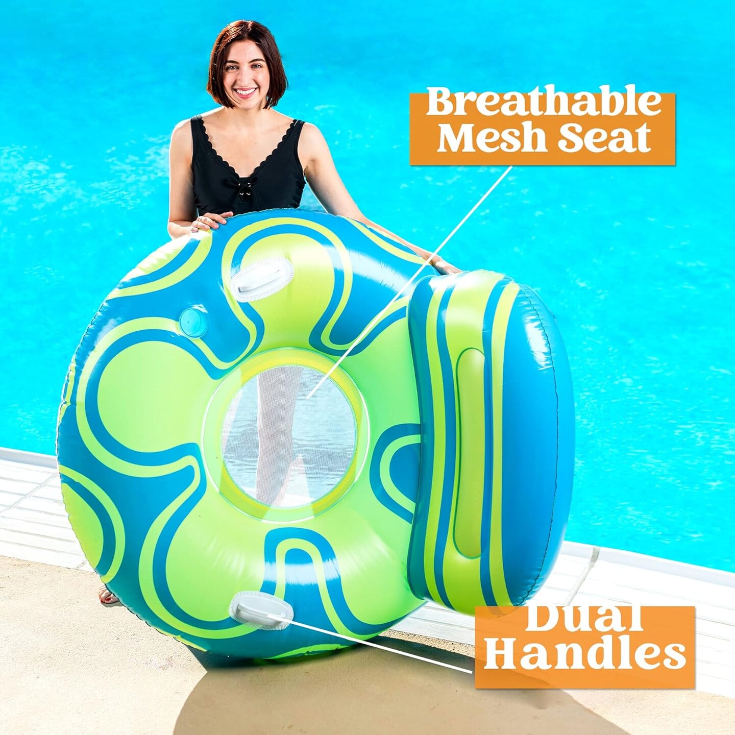 Inflatable Pool Float Lounger - River Tube Floating Chair Sofa with Big Backrest, Blow Up Floaties Lake Raft Lounge with Mesh Bottom Handle Cup Holder Pool Party Toys for Adults (Blue Yellow)