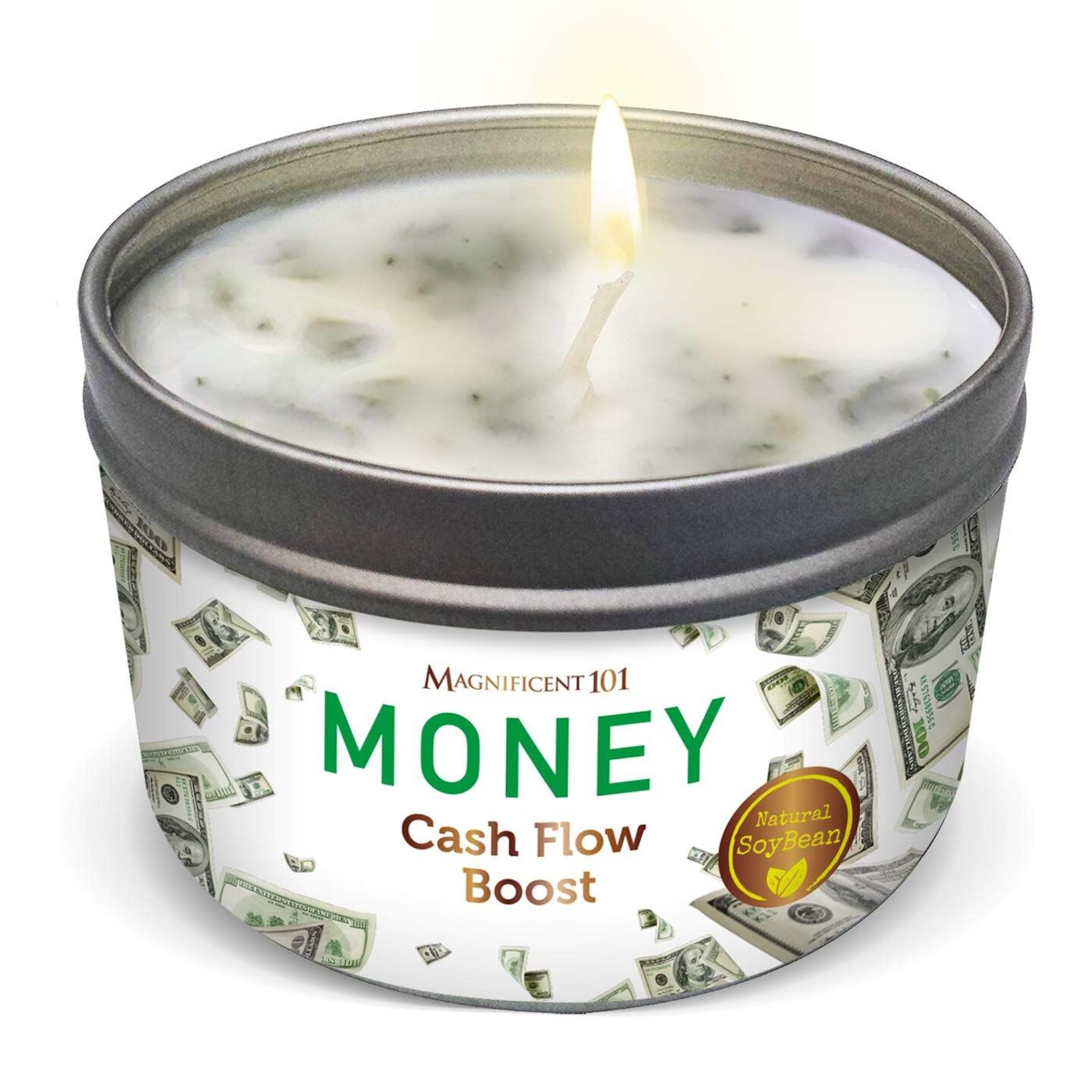 Magnificent 101 Long Lasting Money Aromatherapy Candle | 6 Oz - 35 Hour Burn | Made of Sage Scented Soy Wax Candle for House Energy Cleansing, Purification &#x26; Manifestation | Boost Your Cash Flow