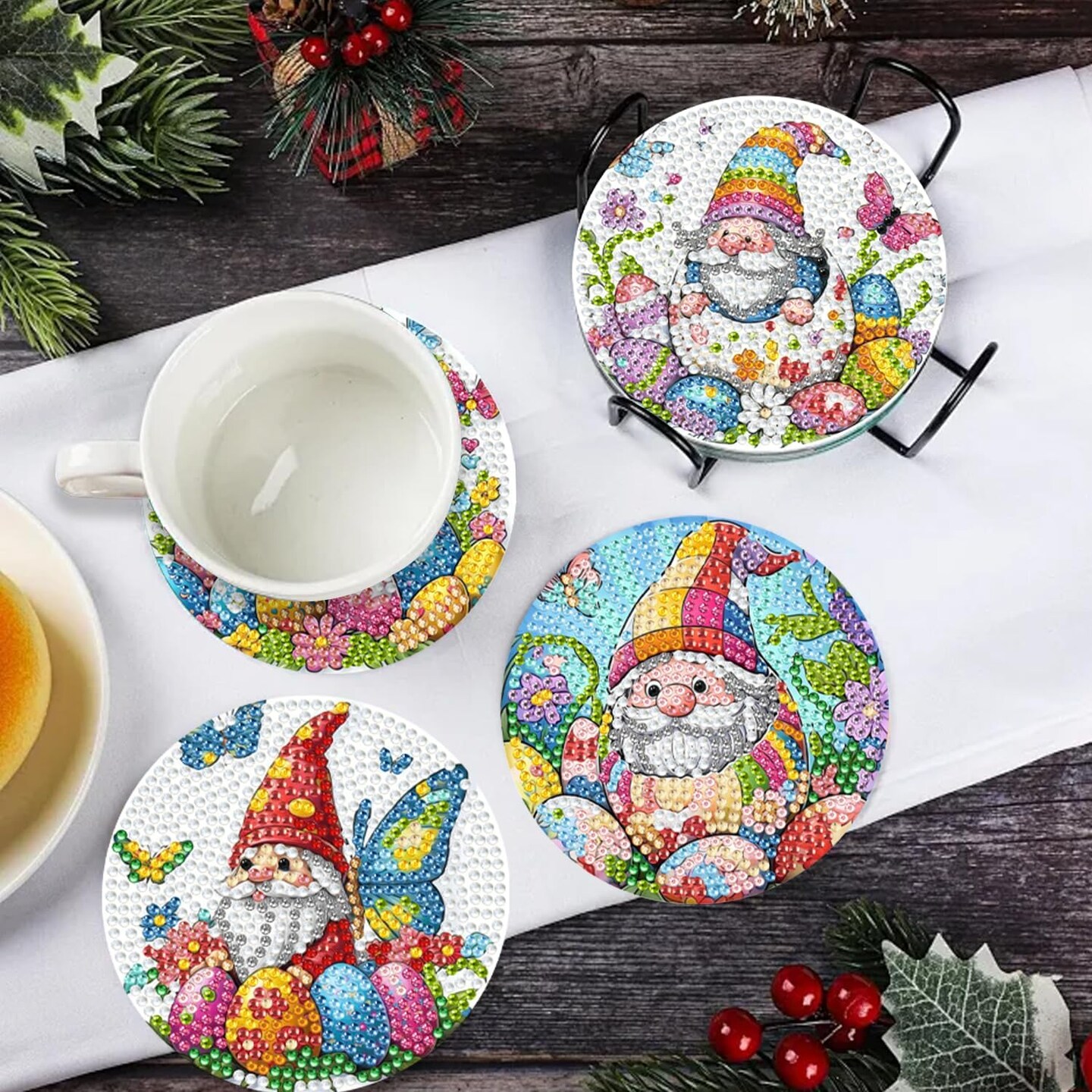 8 PCS Diamond Art Coasters Kit, Diamond Painting Coasters with Holder, Fall Diamond Art Kits for Adults Beginners, Arts and Crafts Supplies Party Item Sets The Easter Gnome
