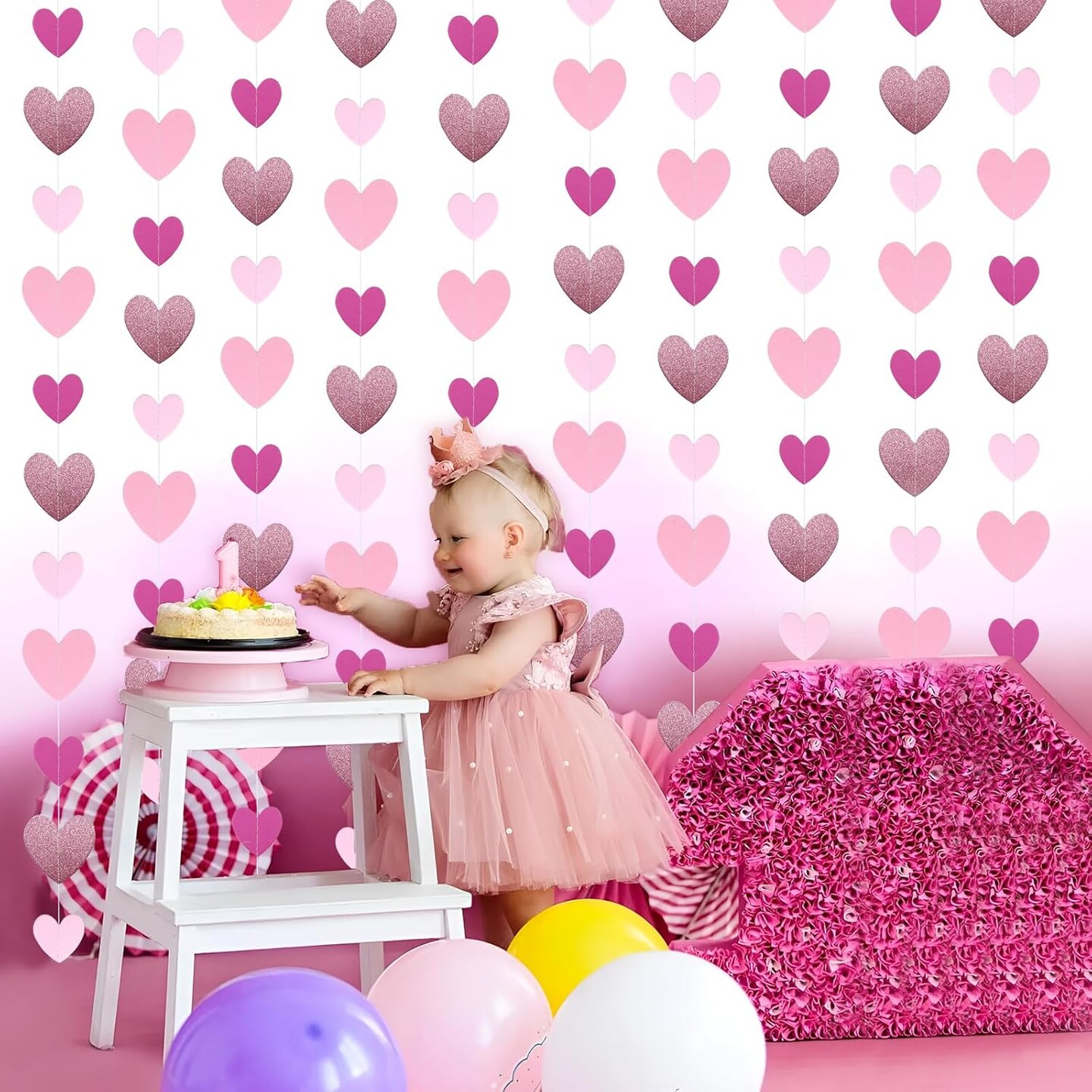 Pink-Rose Heart-Garland Streamer Party Decorations - 52Ft Valentine Happy Birthday Banner Decorations for Girls Women Backdrop Bridal Baby Shower Bachelorette Valentines Day Decor