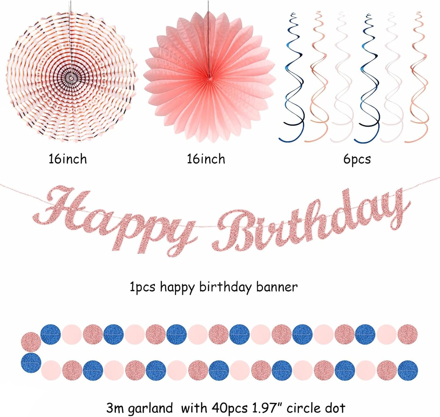 21-Piece Pink, Rose Gold & Navy Birthday Party Decoration Kit – Banner, Lanterns & Pom-Poms