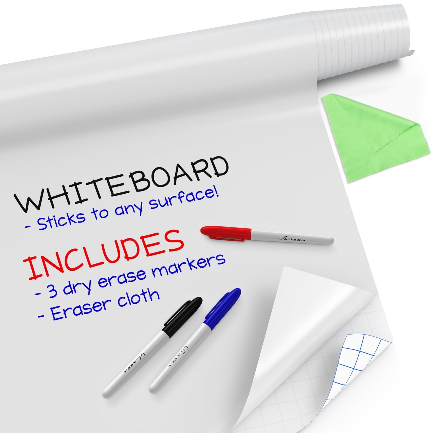 Kassa Reusable & Removable White Board Wallpaper | 1.4ft x 8ft Self Adhesive Dry Erase Contact Paper | 3 Markers & Eraser Cloth Included | For Home, Office, School & Kids Art & Decoration