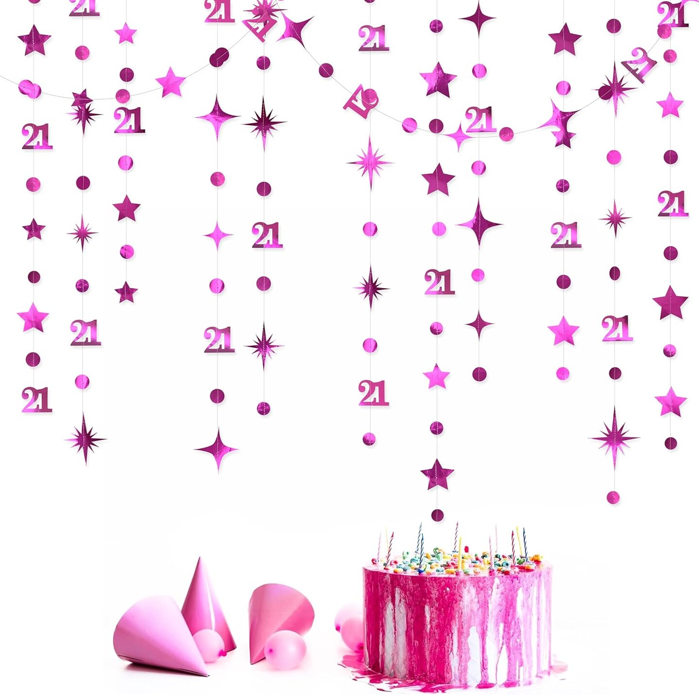 Hot Pink Number 21 Circle Dot Twinkle Star Garland Metallic Hanging Streamer Banner Backdrop Decorations for Girls Happy 21st Birthday Hot Girl Finally Legal Bday 21st Anniversary Party Supplies