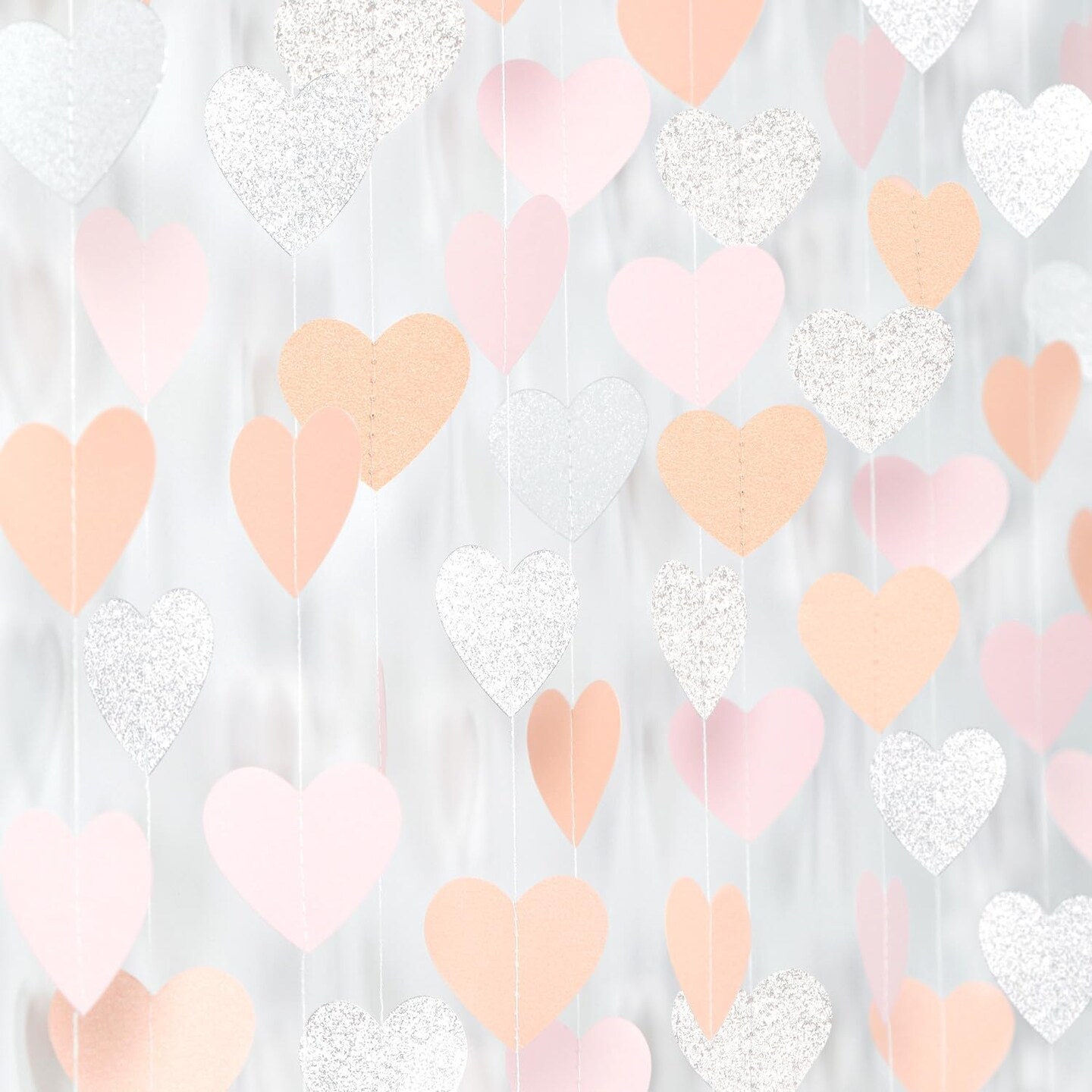 Pink-Silver Peach Birthday Party-Decorations Streamers - 52FT Hanging Heart Garland Banner,Baby Bridal Shower Engagement Anniversary Bachelorette Wedding Backdrop Decor