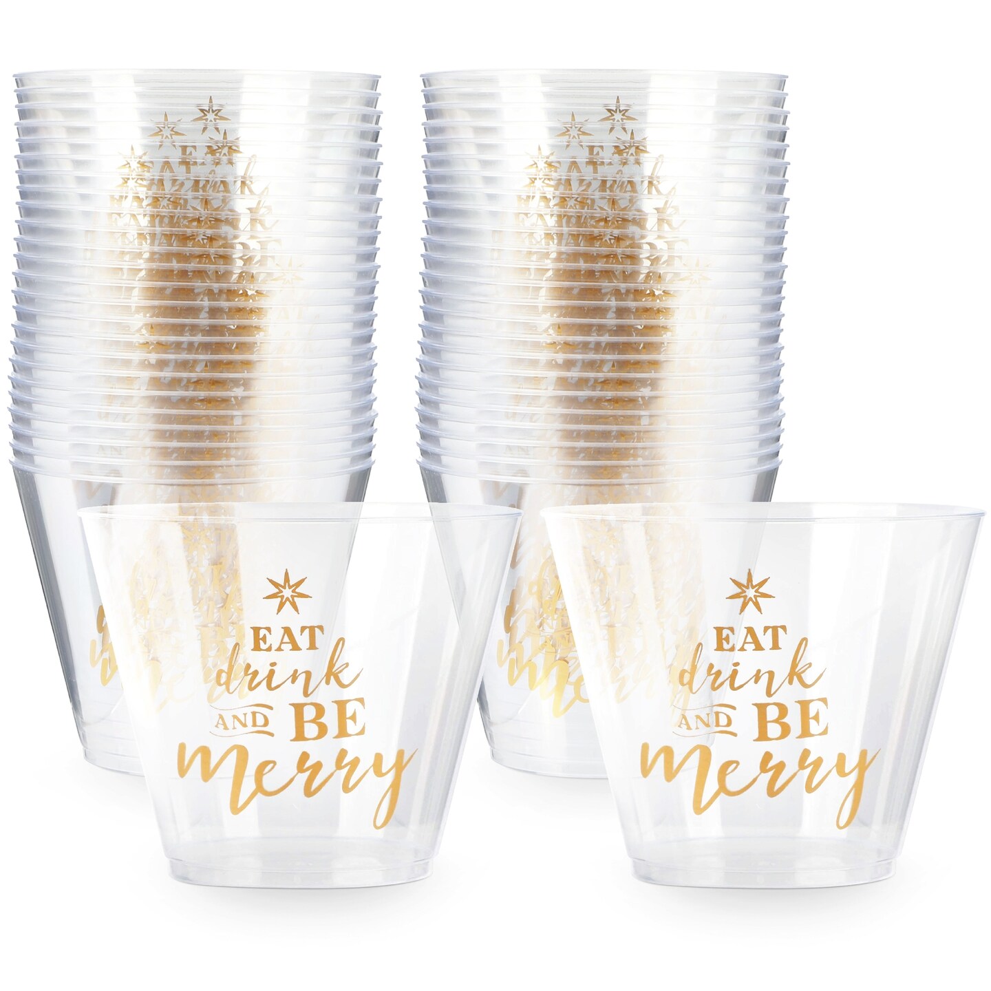 Sparkle and Bash 50 Pack Christmas Clear Plastic Cups - Eat, Drink and Be Merry, 9 oz Plastic Cups, Xmas Drinkware for Winter Holiday Season Party, Family Gatherings