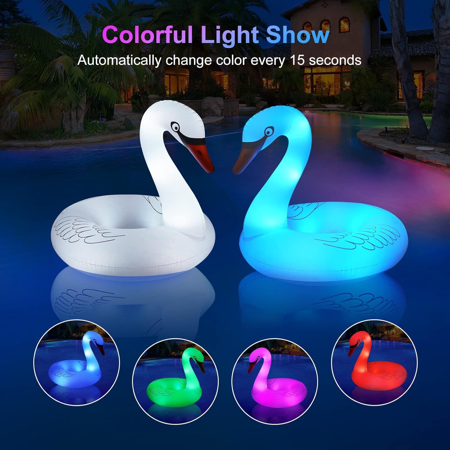 Solar Powered Inflatable Swan Pool Floats with Lights, LED RGB Color Changing Light Up Pool Floats Adult, 42&#x27;&#x27; Large Swan Pool Floaties, Lake Floats Summer Pool Raft Lounge for Adults - 2 PCS