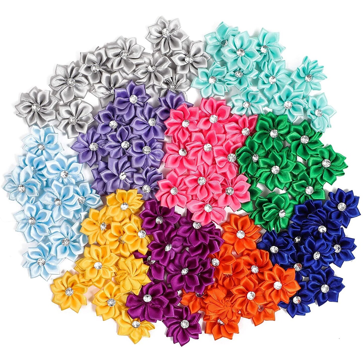Satin Ribbon Daisy Flower Heads with Rhinestones, 10 Colors (1.2 in, 100 Pack)