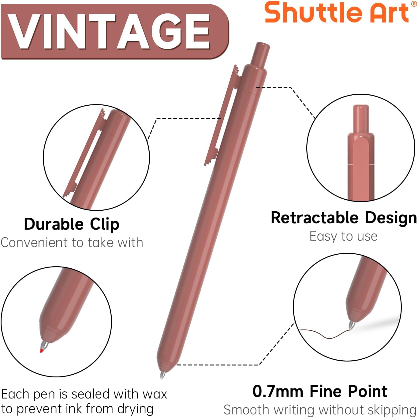 Art Colored Retractable Gel Pens, 11 Unique Dark Vintage Ink Colors, Cute Pens 0.7mm Medium Point Quick Drying for Writing Drawing Journaling Note Taking School Office Home