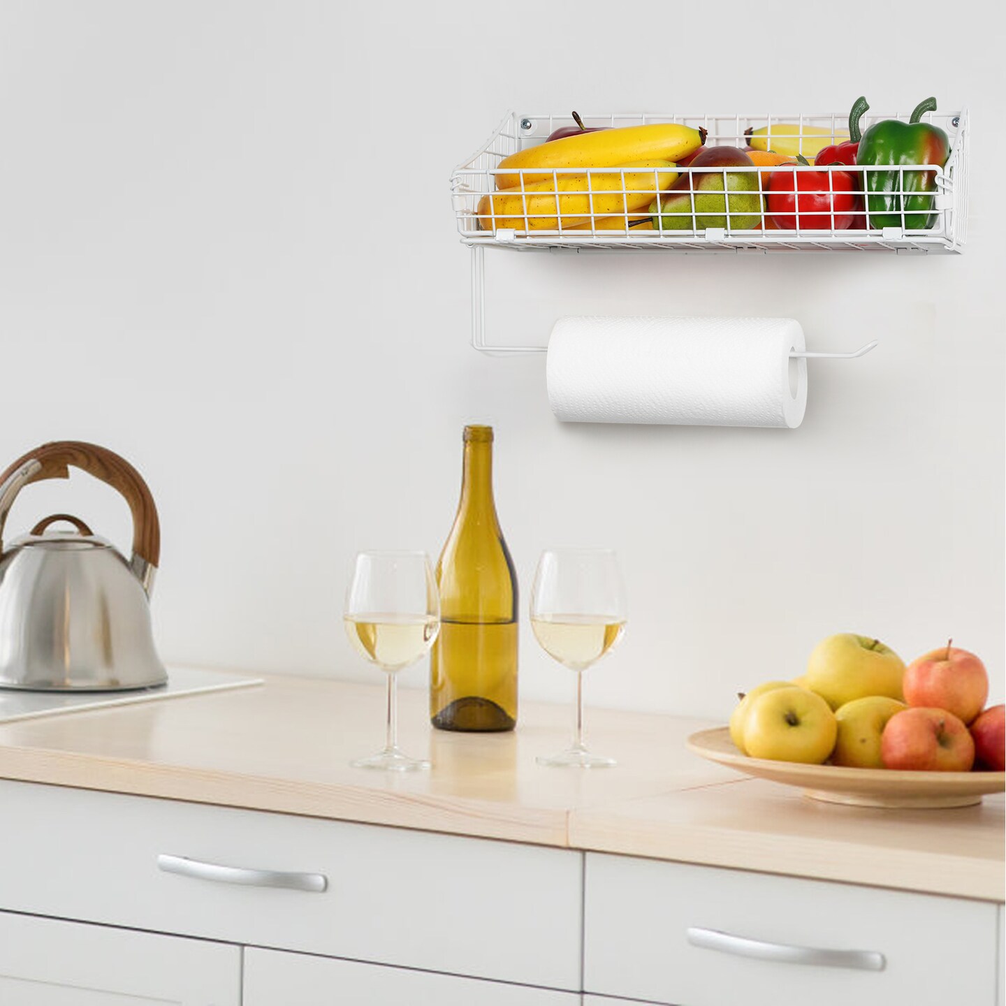 2PCS White Multi-Functional Wall-Mounted Metal Basket Organizer with Foldable Paper Towel Holder – Space-Saving Storage Shelf for Kitchen, Bathroom, Bedroom & Hallway