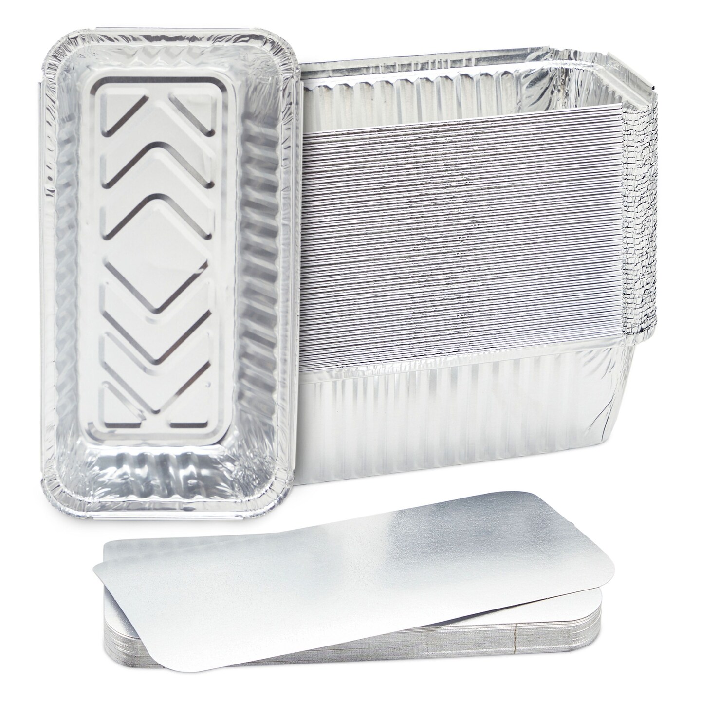 Juvale 50 Pack Aluminum Foil 2 lb Disposable Loaf Pans With Lids for Baking Bread, Heating, Storing Food (32oz, 8.5 x 4.5 In)