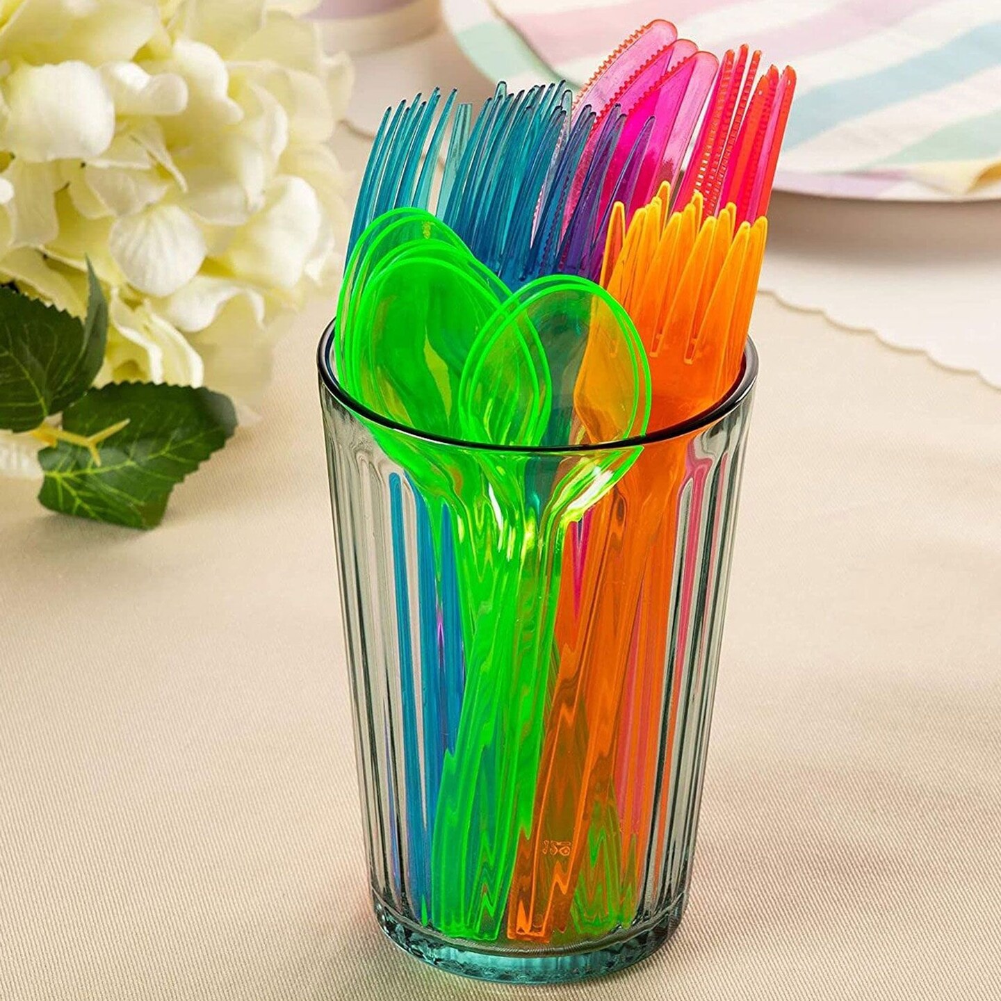 Rainbow Plastic Silverware Set, Neon Forks, Knives, and Spoons (144 Pieces)
