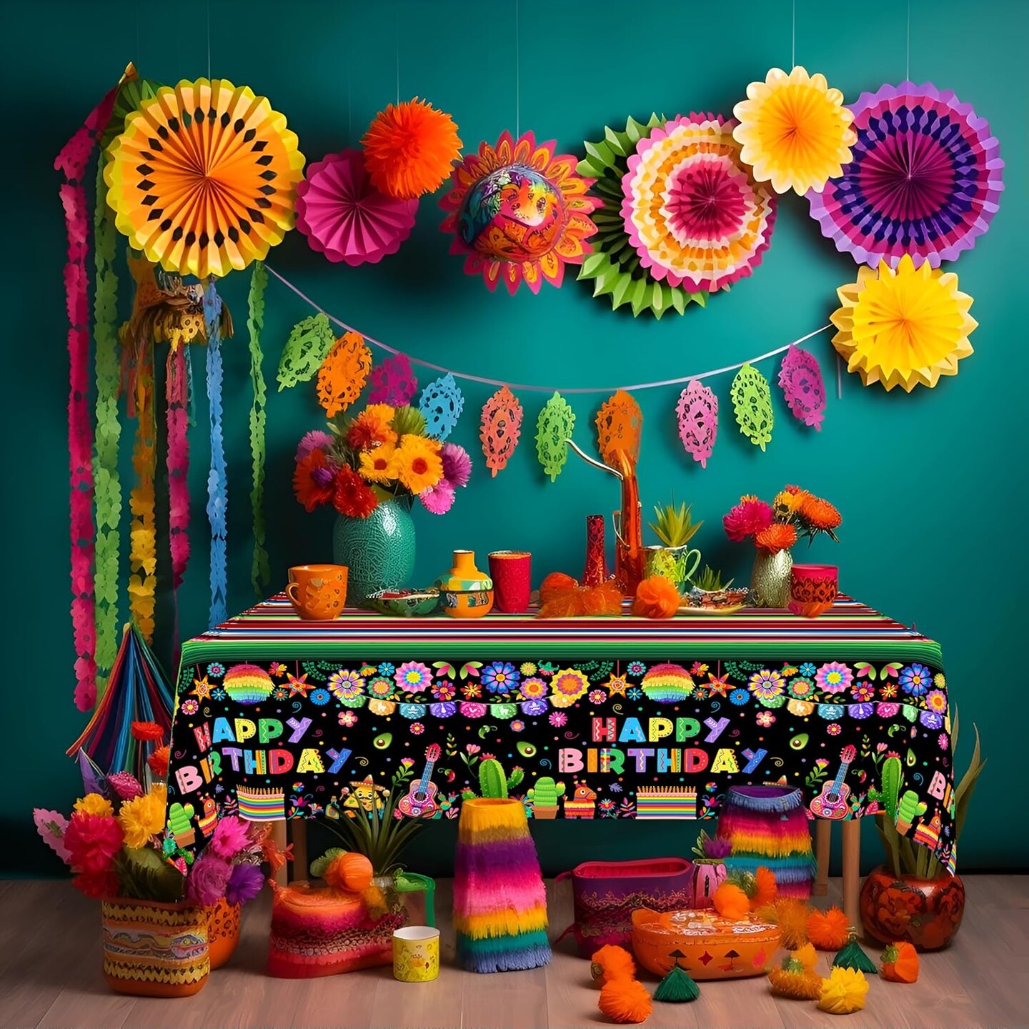 3 Pcs Mexican Fiesta Birthday Party Tablecloth Decorations Plastic Cinco De Mayo Printed Table Cloth Table Cover for Fiesta Taco Happy Birthday Decorations