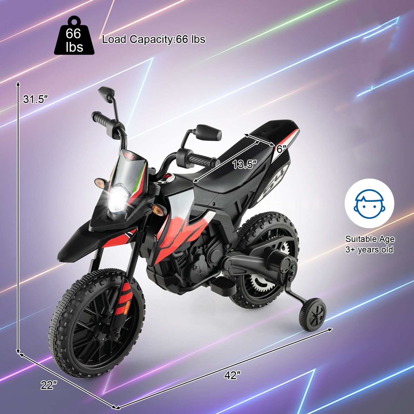 Metal 12V Kids Motorcycle with Dual Motors, Music and Training Wheels