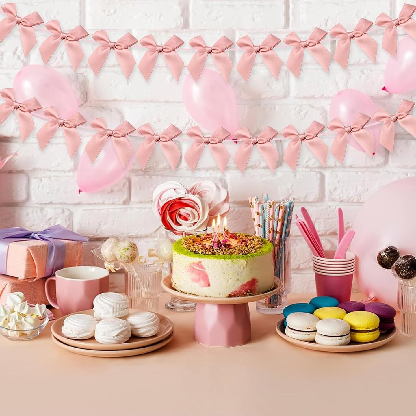 2-Pack Bow Garland Banner – Peach Pink Ribbon Bow Decorations for Baby Shower, Girls’ Birthday, and Coquette-Themed Parties