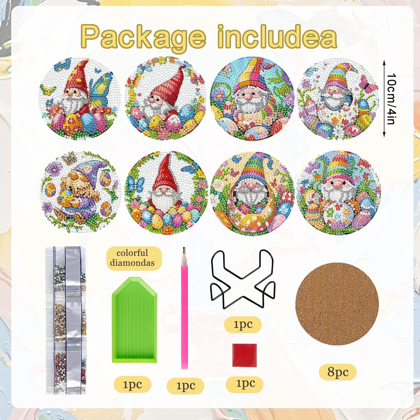 8 PCS Diamond Art Coasters Kit, Diamond Painting Coasters with Holder, Fall Diamond Art Kits for Adults Beginners, Arts and Crafts Supplies Party Item Sets The Easter Gnome