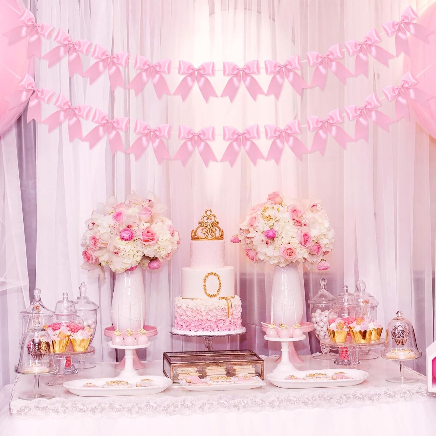 2-Pack Pink Ribbon Bow Garland – Birthday, Baby Shower & Wedding Party Decor