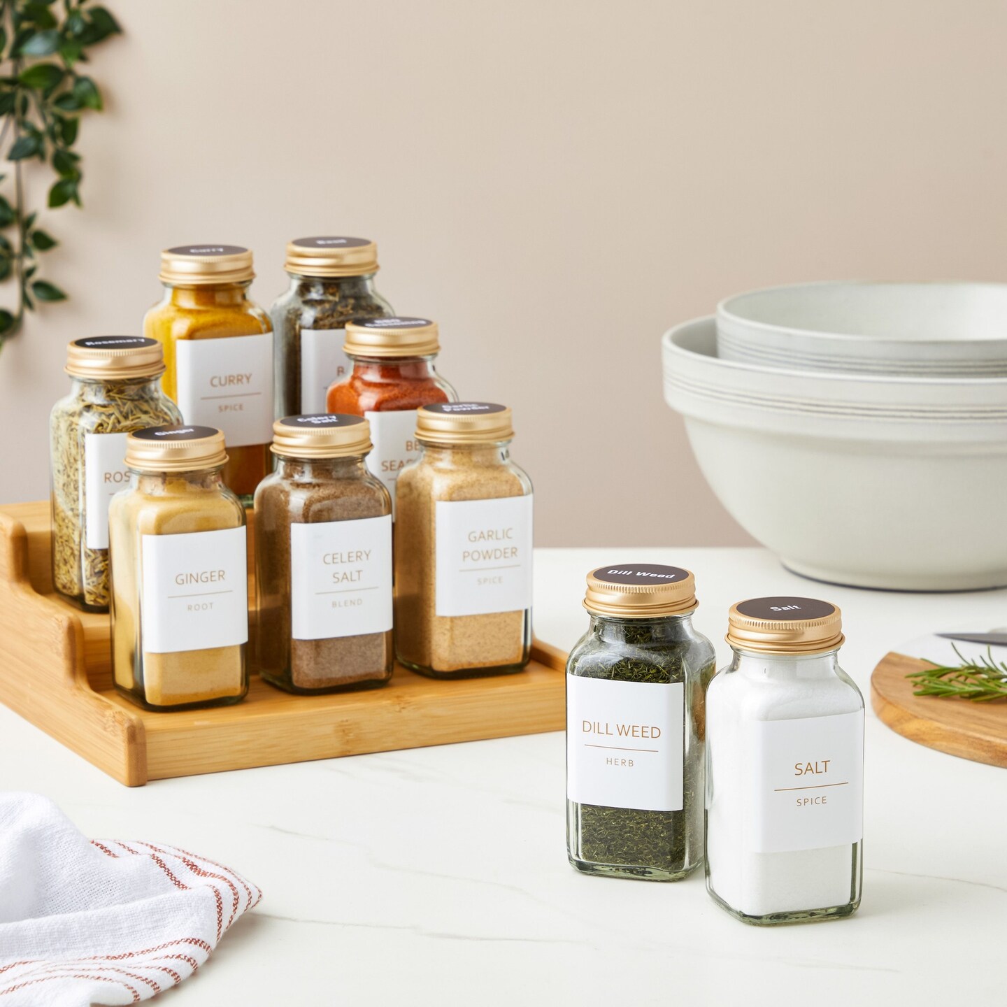 Talented Kitchen 24 Pack Glass Spice Jars with Shaker Lids 6oz, 328 Preprinted Labels, Gold Caps