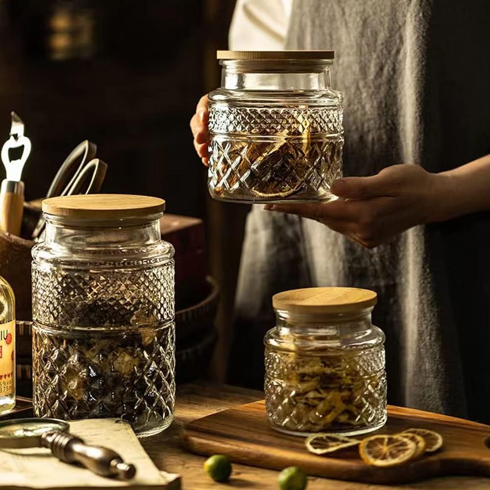 Glass Storage Jars Vintage Embossed Canisters Food Cereal Storage Containers with Bamboo Lid, Decorative Jars for Kitchen Counter,Pantry,Set 3-Piece Glass Jars in 60 oz/40 oz/20 oz (Round)