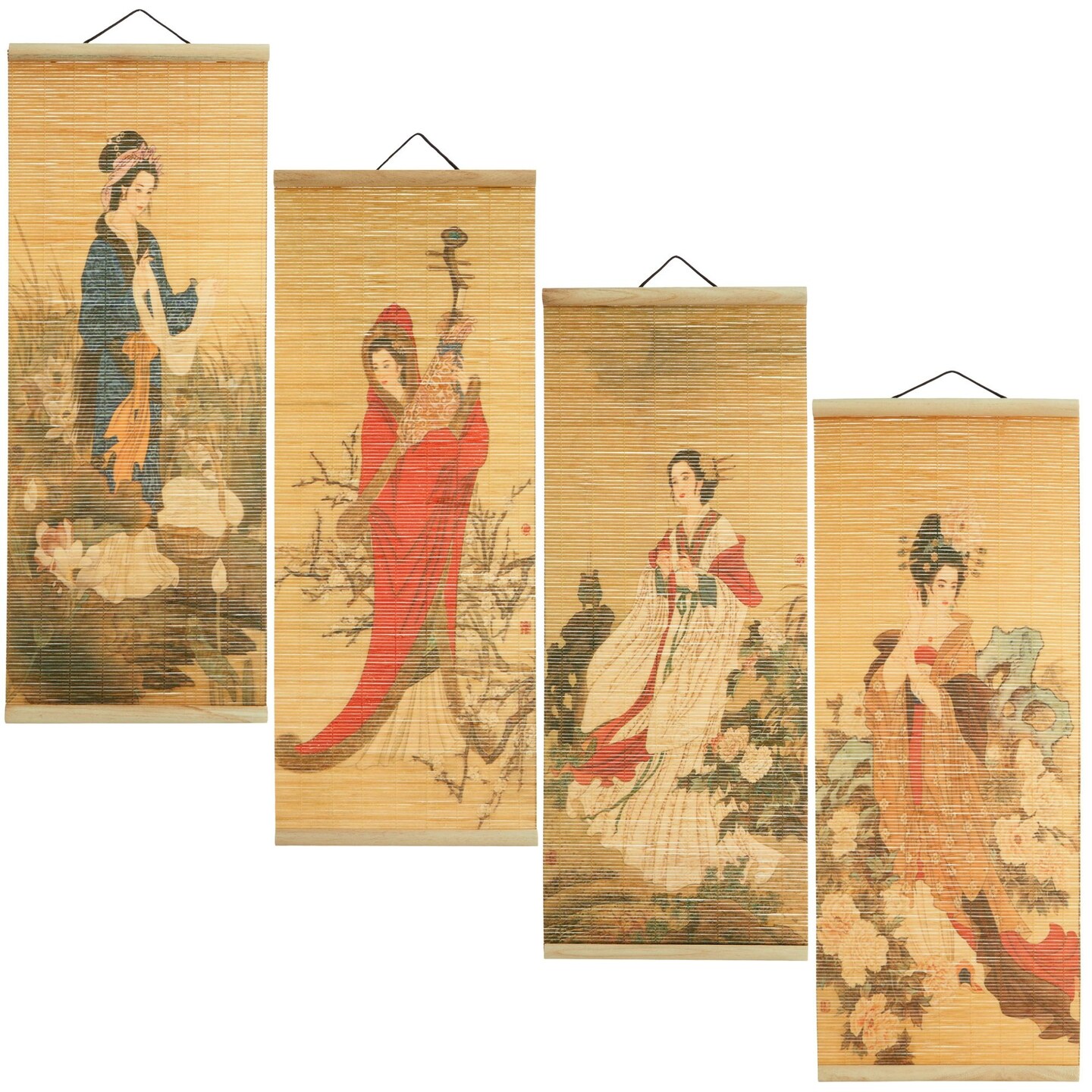Asian Wall Decor, 4 Pack Hanging Bamboo Scrolls, Chinese Paintings (10x26 in)