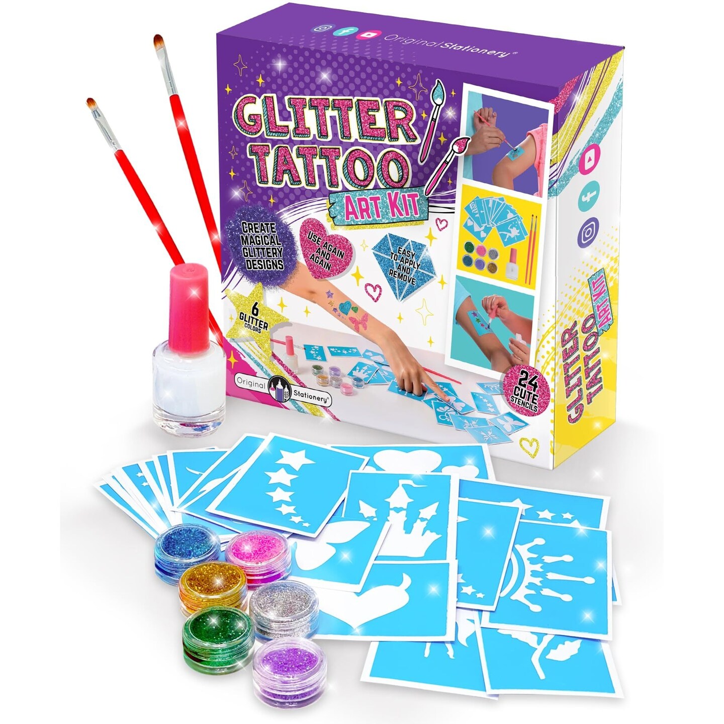 Original Stationery Glitter Tattoo Kit - 33-Piece Multicolor Set, Ages 3-8, 24 Stencils, 6 Color Pots, 2 Brushes & Adhesive - Glitter Tattoos for Kids & Sleepover Party Supplies