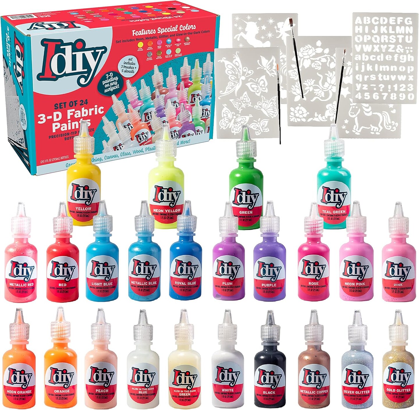 Fabric Paint Set of 24 – 1oz Bottles, Ultra Bright 3D Colors with Glitter, Metallic, Glow-in-the-Dark, Neon
