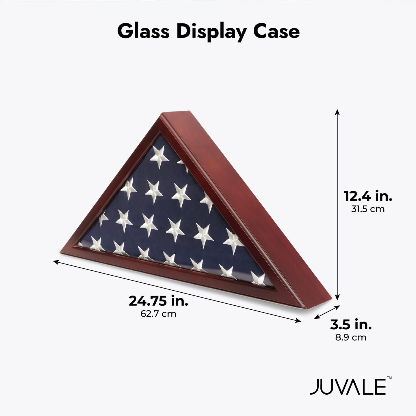 Large Flag Box Display Case for Burial Flag, Veterans, Triangle Holder for a Folded 5&#x27; x 9.5&#x27; Military Flag with Wall Mount and Glass Front (Cherry Wood Finish, 24.7 x 12.4 x 3.5 In)
