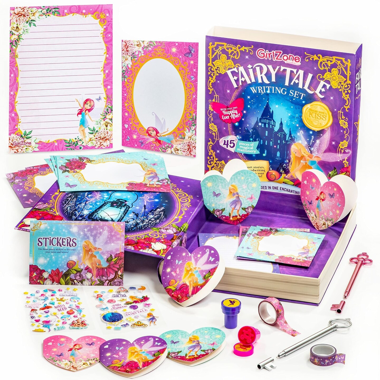 GirlZone Princess Stationery Set - 45-Piece Fairytale Letter Writing Set, Multicolor Note Paper with Fairies & Fairy Letters & Envelopes, Stampers & Stickers