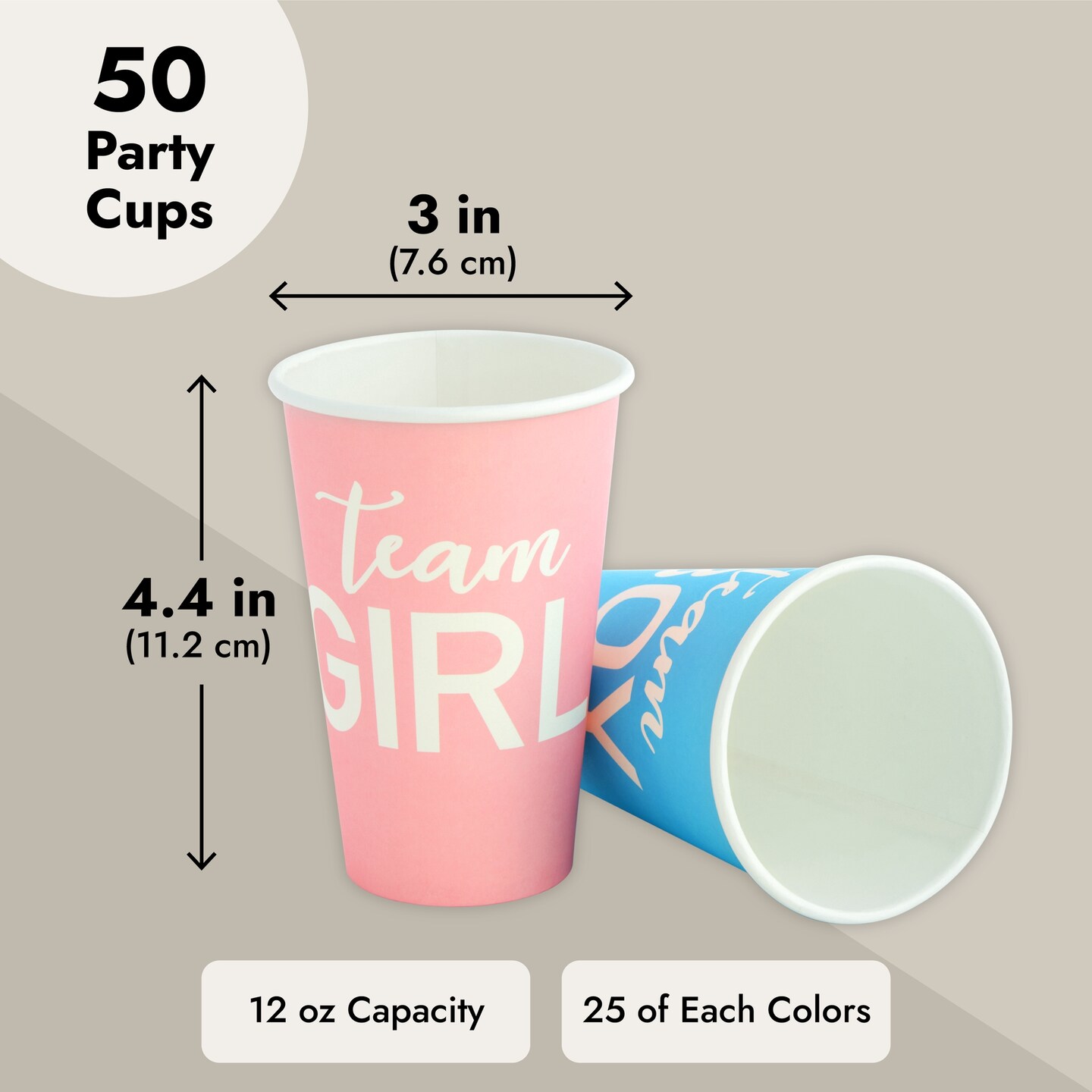 Paper Party Cups, Gender Reveal Party Supplies (12 oz, Pink and Blue, 50-Pack)