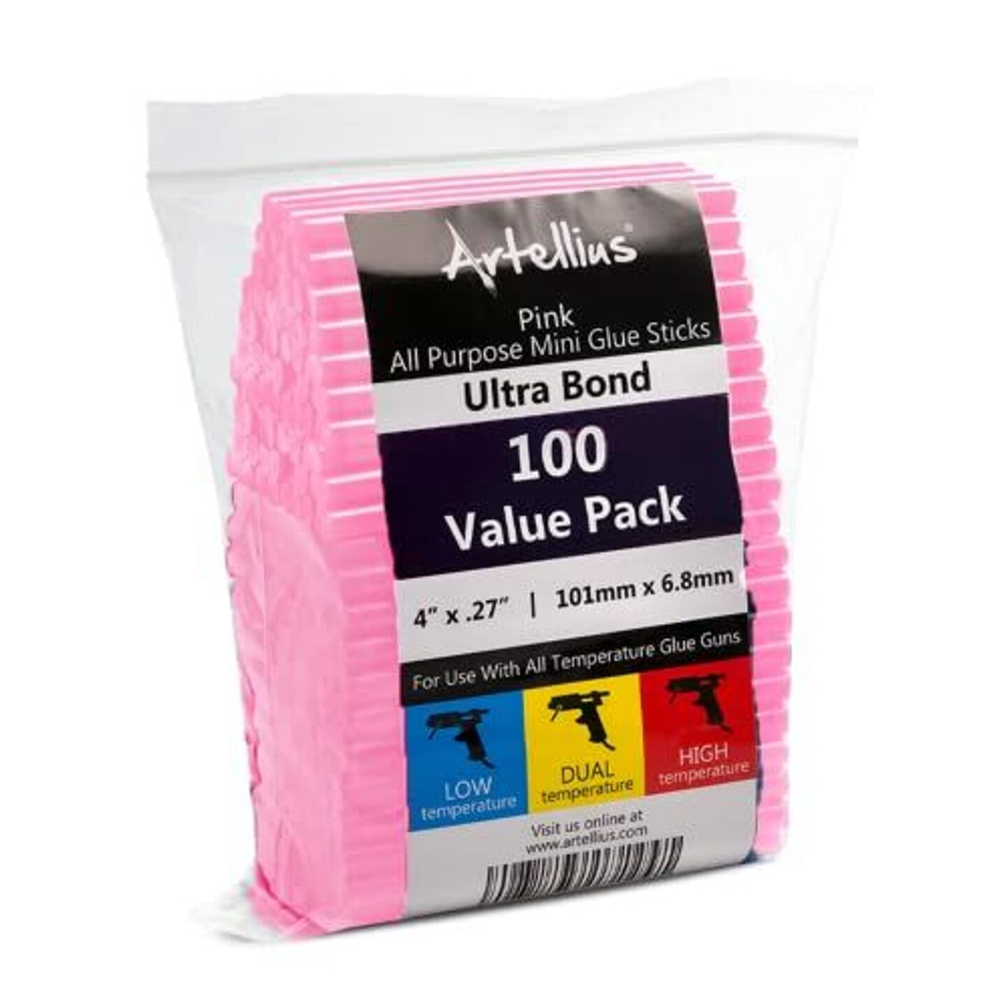 Artellius 100 Pack Hot Glue Sticks 4&#x22; x.27&#x22; - Ultra Bond Hot Melt Adhesive Mini Glue Sticks for All temperature, Pink