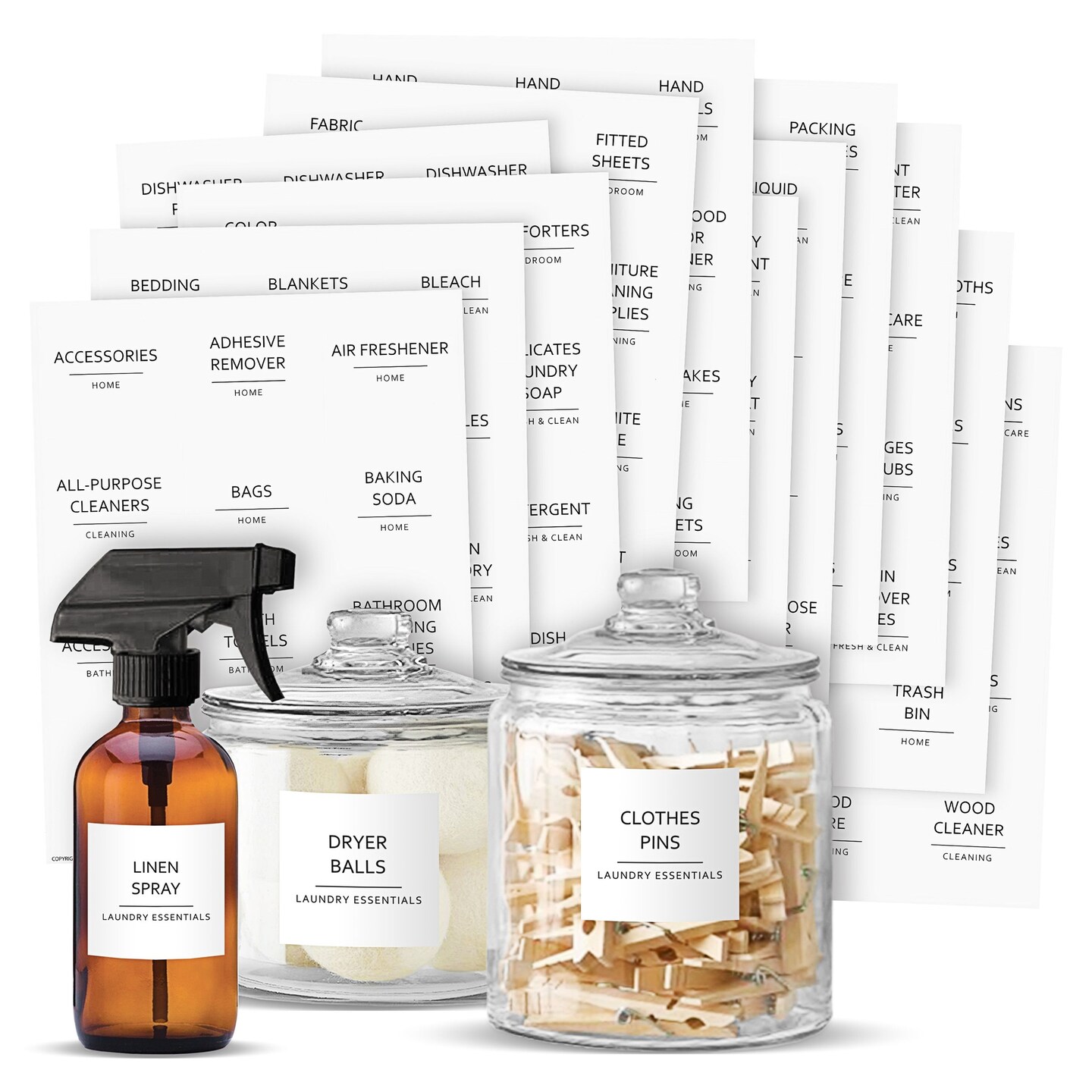 Talented Kitchen 144 Minimalist Laundry Room Labels - 2.5" x 2.5", Black on White Matte Vinyl - Organize Glass Jars & Spray Bottles, Water-Resistant Labels for Laundry Room Organization