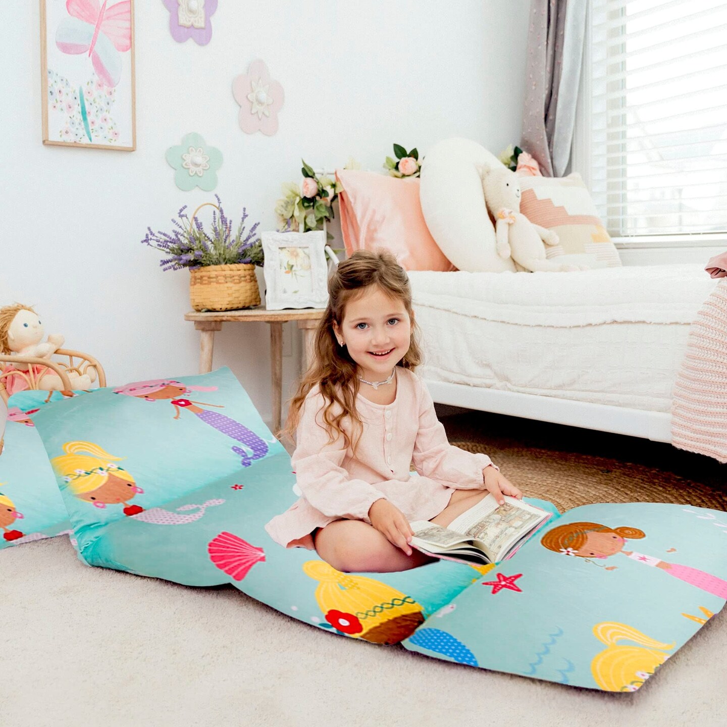 Butterfly Craze Floor Pillow Case, Mattress Bed Lounger Cover, Mermaid Aqua, Queen, Cozy Seating Solution for Kids &#x26; Adults, Recliner Cushion, for Reading, TV Time, Sleepovers, &#x26; Toddler Nap Mat