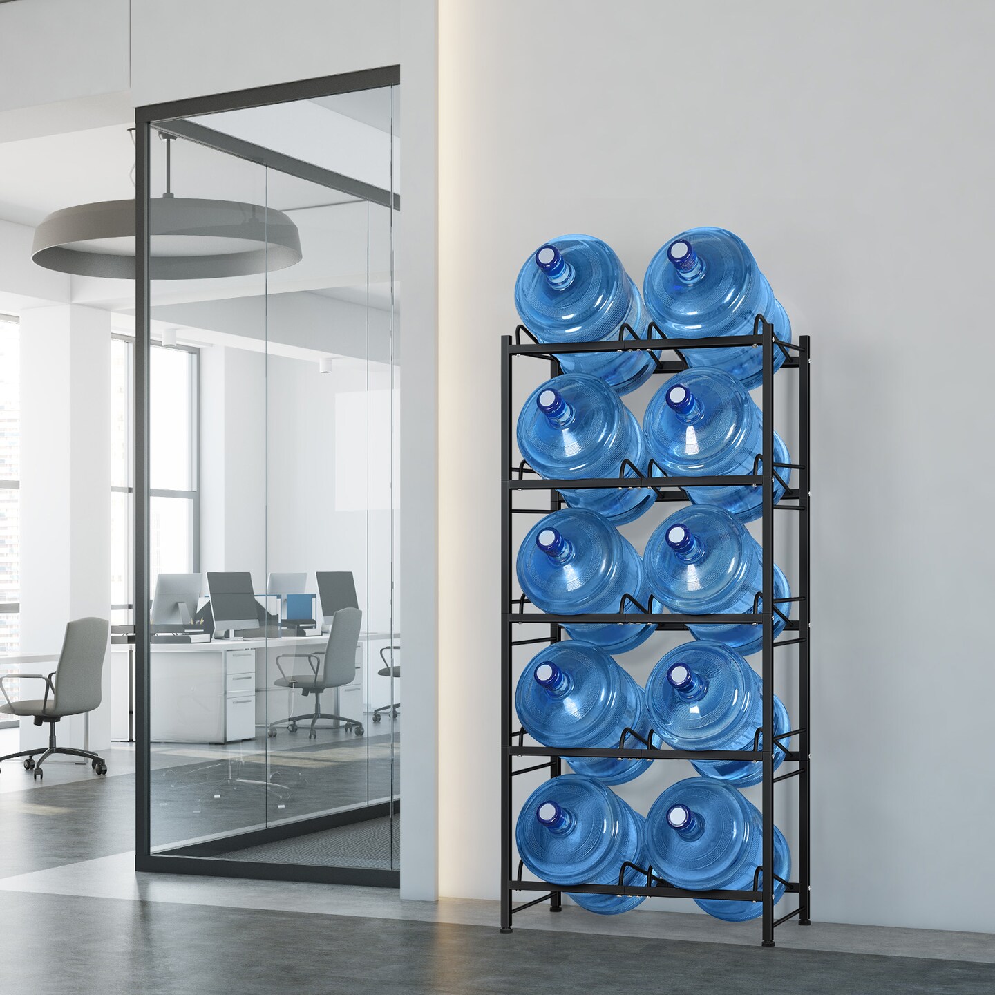 5-Tier Heavy Duty Water Cooler Jug Rack &#x2013; 10-Slot Metal Storage Shelf for 5-Gallon Bottles, Detachable Floor Protector for Home/Office/Kitchen, Black